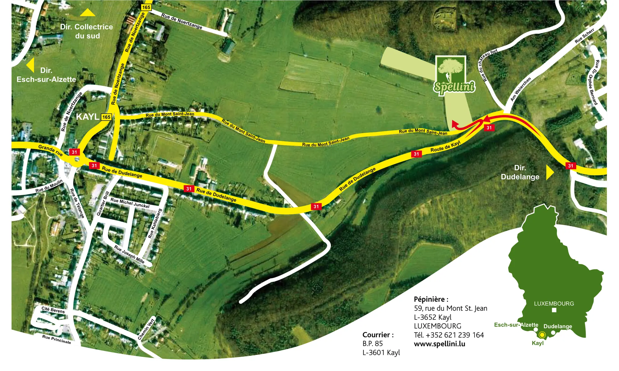 Plan d’accès à la pépinière Spellini, 59 rue du Mont Saint-Jean à Kayl : les routes N31 et N165, le sens d’arrivée depuis Esch-sur-Alzette et depuis Dudelange, et la situation de Kayl dans le sud du Luxembourg.
